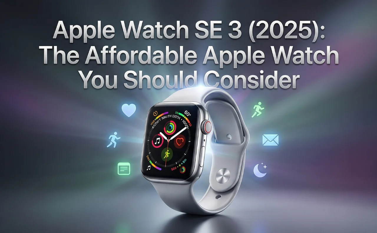 Create a hyper-realistic, luxe realism blog cover for the article "Apple Watch SE 3 (2025): The Affordable Apple Watch You Should Consider". Style: premium, modern, clean tech branding, visually striking, cinematic lighting. Visual Elements: Center an Apple Watch SE 3 (2025) model, front and angled view Display watch screen glowing with a fitness, health, or clock interface Include subtle floating icons representing heart rate, workouts, notifications, and sleep tracking Include the title text integrated naturally into the design: “Apple Watch SE 3 (2025): The Affordable Apple Watch You Should Consider” Color scheme: Apple branding colors (silver, space gray, white) with subtle neon or metallic highlights for luxury feel Background: cinematic gradient with soft volumetric light rays, slight lens flare, tech-futuristic vibe High detail on watch body, screen, reflections, and interface, ultra-realistic textures
